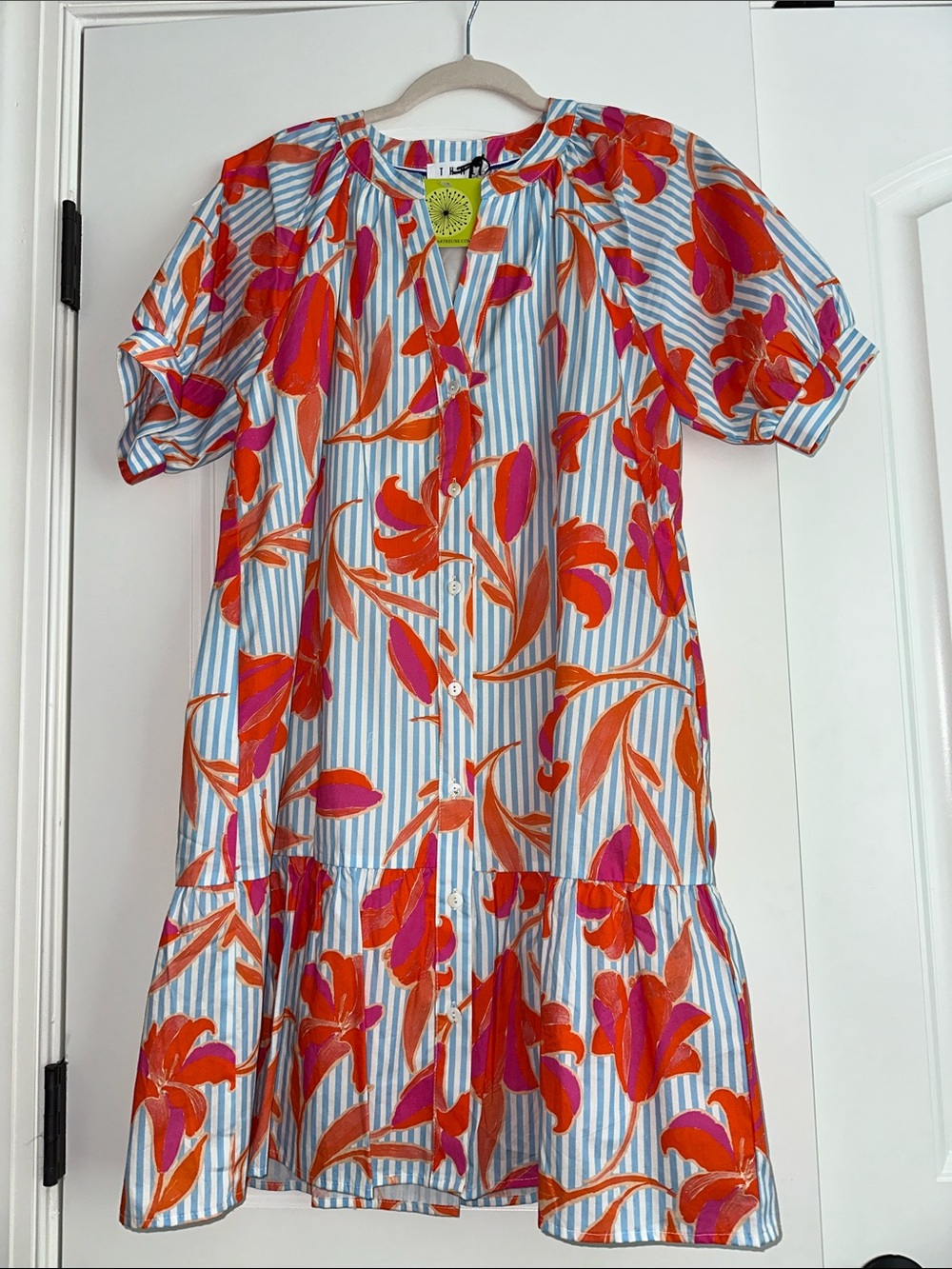 THML Blue Striped Dress with Orange and Pink Floral Print NWT